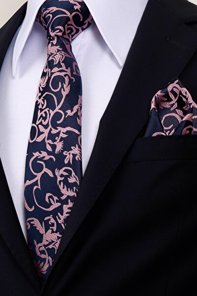 Esgue 8 cm Navy Blue Pink Patterned Hand Made Classic Wide Tie