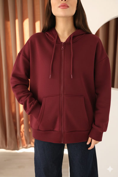 MOVİMENT Claret Red Oversized Women's Sweatshirt with Fleece and Zipper Detail K Hooded
