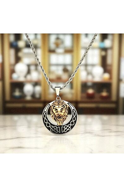 AKSESUARIM Men's Lion Figured Steel Necklace