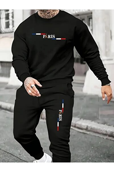 PAVRO Tracksuit Set Sweatshirt Jogger - Oversized Fleece-Lined Eyfel Ee Printed Bisikletyaka