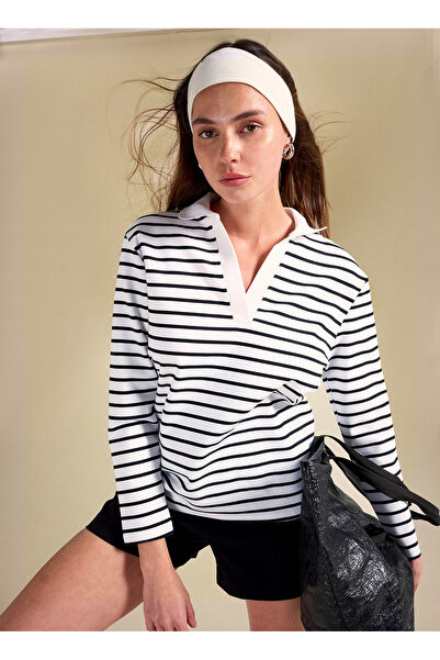 People By Fabrika Çizgili Siyah - Beyaz Kadın Polo T-Shirt