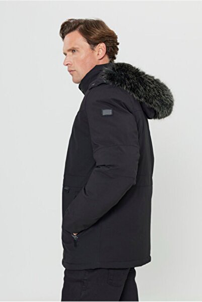 ALTINYILDIZ CLASSICS Standard Fit Regular Cut Shearling Hooded Zippered Side Pockets Thick Padded Black Coat