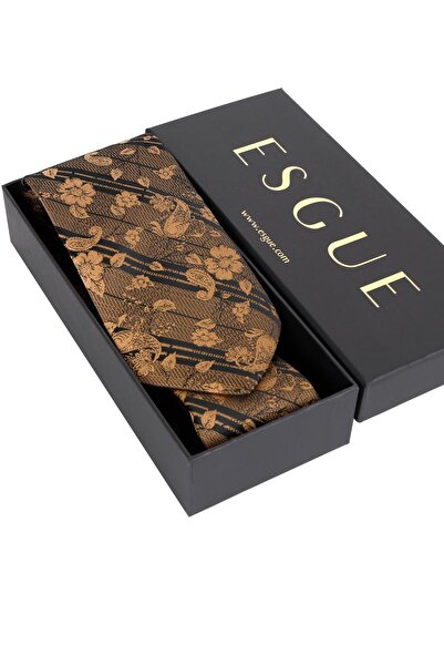 Esgue 8 cm Gold Black Floral Patterned Hand Made Classic Wide Handkerchief Tie