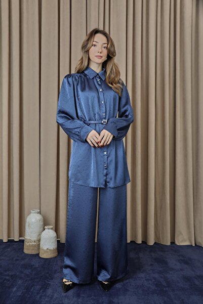 Puane Women's Tunic Pants Set with Belt and Stone Detail - 14338Tks - Indigo