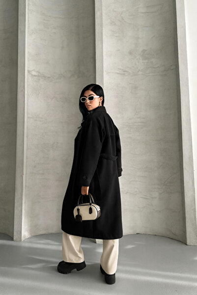 ParlaMira Kadın Siyah Uzun %100 Pamuk Gabardin Rüzgarlık Detaylı Düğmeli Astarlı Premium Trençkot