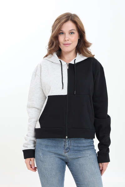 Tight Lady Puff 3-Thread Fleece Inside Asymmetric Color Block Belted Zippered Cardigan