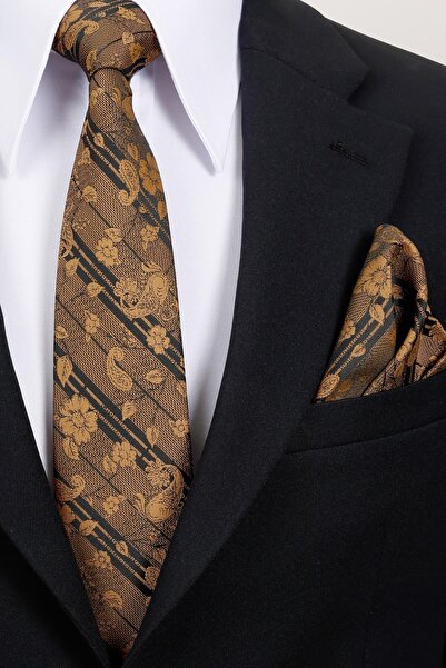 Esgue 8 cm Gold Black Floral Patterned Hand Made Classic Wide Handkerchief Tie