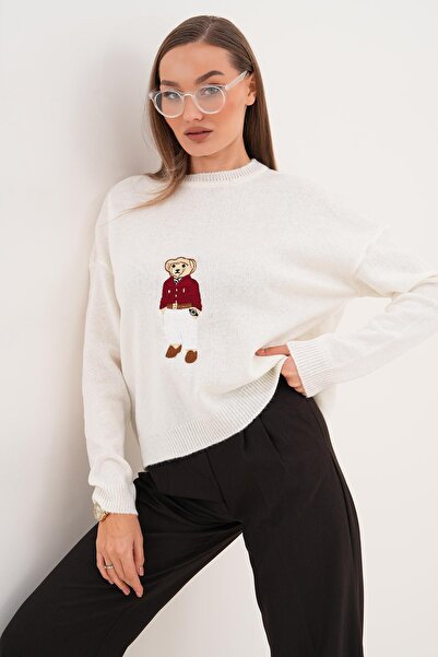 ŞİMAL Tricotaj cu căptușeală din fleece pentru femei cu broderie de ursuleț din material subțire Pulover 255192 -