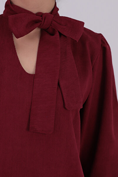armonika Women's Burgundy Collar Tie-Up Elastic Sleeves Velvet Dress Arm-25K001087