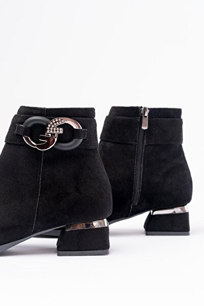 Aymood Rm-504 Black Suede Buckle Accessory Heeled Zippered Daily Women's Boots