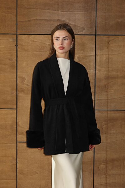 BY SE'MAS WEAR Premium Çift Taraflı Yünlü Kürk Detaylı Kısa Kaban