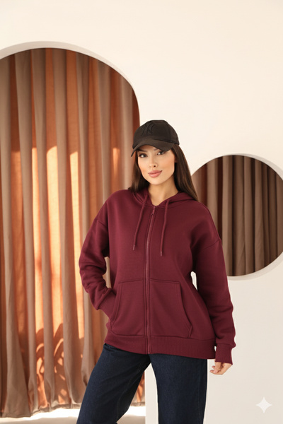 MOVİMENT Claret Red Oversized Women's Sweatshirt with Fleece and Zipper Detail K Hooded