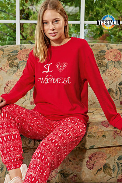 Aydoğan Women's Thermal Long Sleeve Pajamas Set 30000 Red