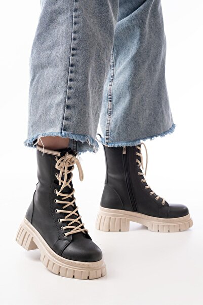 Aymood 842-2961 Black Lace-Up Thick-Sole Zippered Daily Women's Boots