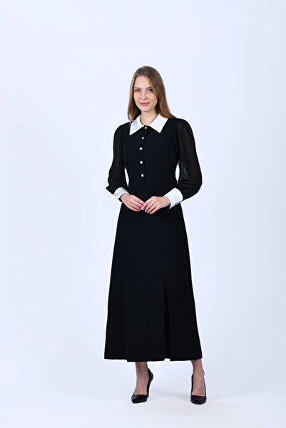 la luce Siyah Tül Kollu Midi Gömlek Elbise - LE583