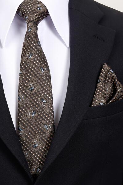 Esgue 8 cm Brown Blue Shawl Pattern Hand Made Classic Wide Handkerchief Tie