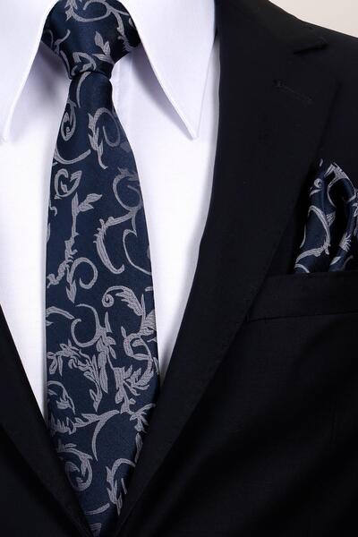 Esgue 8 cm Navy Blue Gray Patterned Hand Made Classic Wide Tie