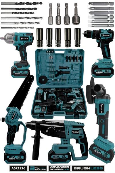 ASSUR 21V 5'li Set Kırıcı Delici Hilti - Taşlama - Somun Sıkma Sökme - Testere - Akülü Vidalama