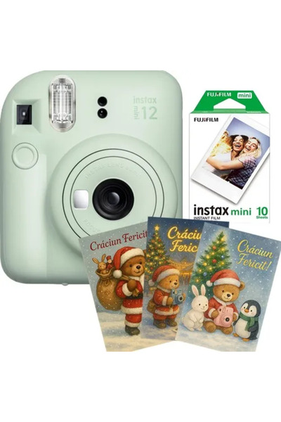 Fujifilm Instax Mini 12 Instant Camera Gift Set - Green (10-exposure film + 3 Christmas Cards)