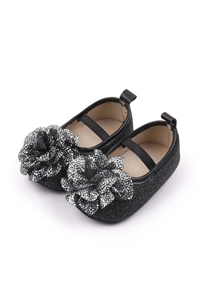BebeNou Elegant Black Glitter Shoes with Silver Flower
