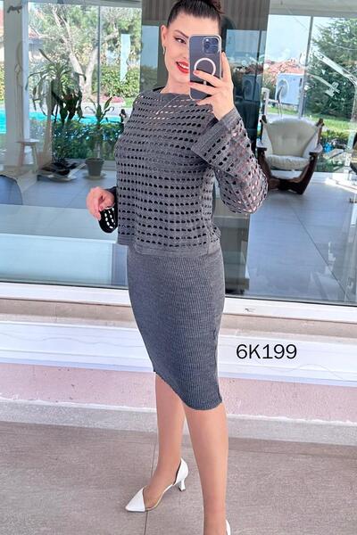 İnce Topuk Lace-Like Knit Blouse Knitwear Dress 2-Piece Set 6K199
