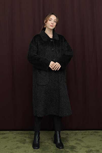 Puane Women's Button Detailed Coat - 15233Kbn - Black