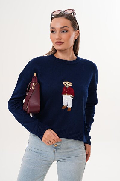 ŞİMAL Tricotaj cu căptușeală din fleece pentru femei cu broderie de ursuleț din material subțire Pulover 255192 -