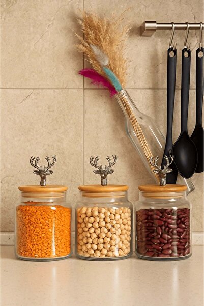 Jenisa 3'lü Metal Siyah Geyik Figürlü Bambu Kapaklı Cam Kavanoz – Şık Saklama Kabı 635 cc