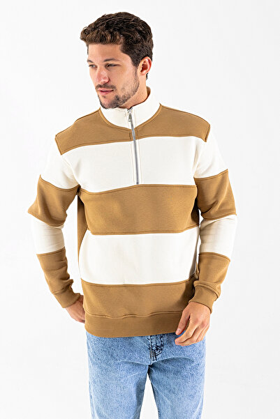 JB John Borners Ανδρικό φούτερ με μισό φερμουάρ ψηλός λαιμός με ρίγες μπεζ - 26K 8507Â