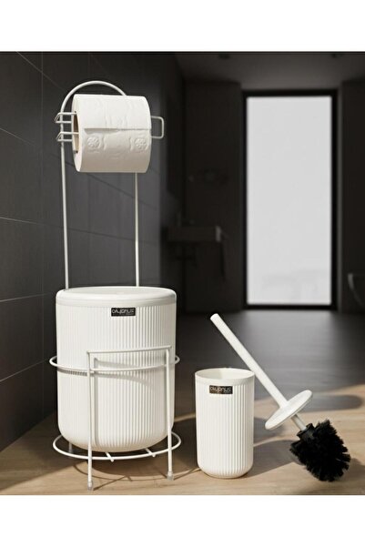 Okyanus Home White Stand Wc Paper Holder Linearound Trash Can and Wc Brush Set