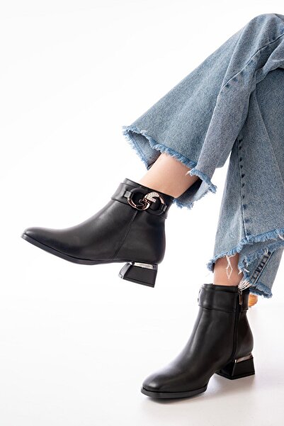 Aymood Rm-504 Black Heeled Zippered Daily Women's Boots with Buckle Accessories