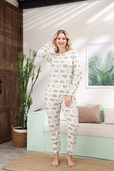 LİLA İÇ GİYİM Printed Report Interlock Heart Long Sleeve Pajama Set