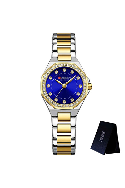 Curren 9100 Women's Watch with Blue Dial, Gold Case and Silver-Gold Bracelet