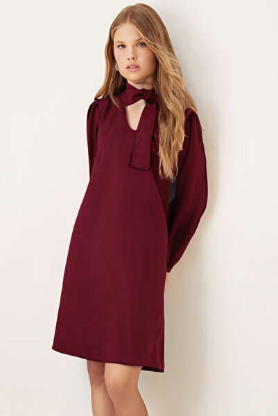 armonika Women's Burgundy Collar Tie-Up Elastic Sleeves Velvet Dress Arm-25K001087