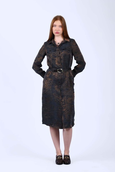 la luce Kahve Siyah Vintage Desen Gömlek Elbise - LE589