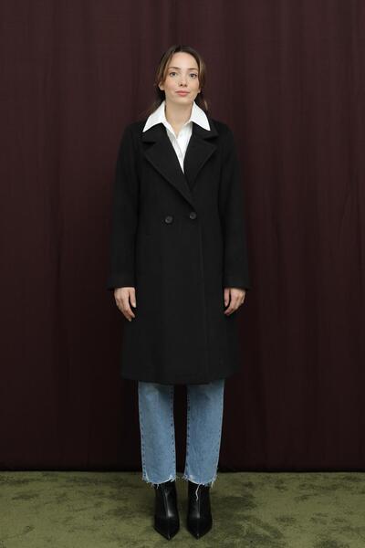 Puane Women's Double-Breasted Collar Cashmere Coat -15194Kbn - Black