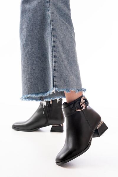 Aymood Rm-504 Black Heeled Zippered Daily Women's Boots with Buckle Accessories