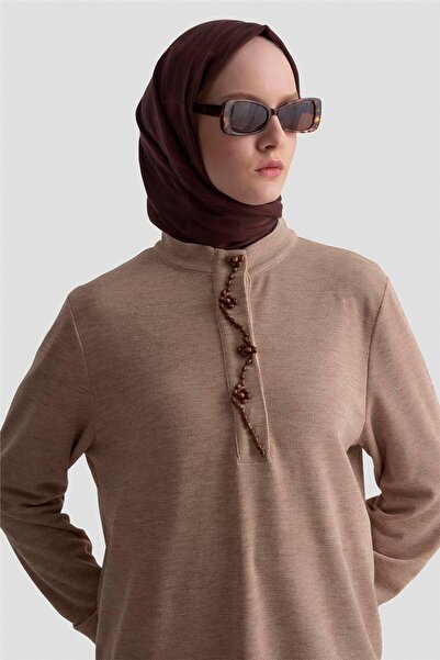 Armine Boncuk İşlemeli Örme Tunik 25KD9021 Bej