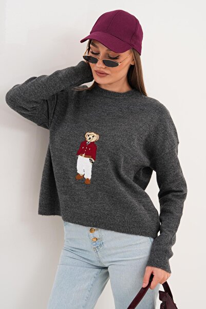 ŞİMAL Tricotaj cu căptușeală din fleece pentru femei cu broderie de ursuleț din material subțire Pulover 255192 -