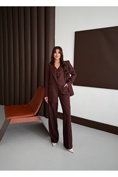HOEK Women's Brown Blazer Jacket Pants Vest Suit