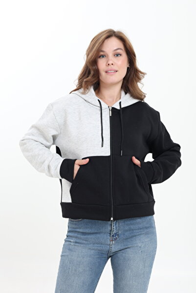 Tight Lady Puff 3-Thread Fleece Inside Asymmetric Color Block Belted Zippered Cardigan