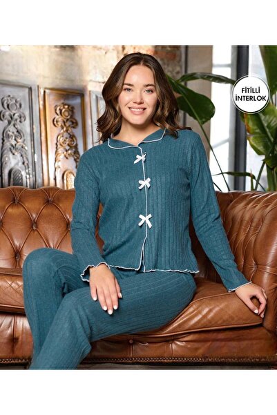 Hirazenmoda Women's Corded Fabric Interlock Pajamas Set Long Sleeve Comfortable Home Wear