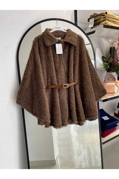 KANOĞLU TİCARET Kahverengi Pelüş Panço Mont – Kemer Detaylı