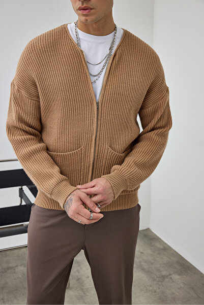 MADZEYMODA Premium Men's Zippered Biscuit Color Knitwear Cardigan Ls-62003