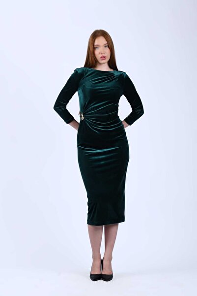 la luce Yeşil Kadife Kumaş Toka Detaylı Elbise - LE635