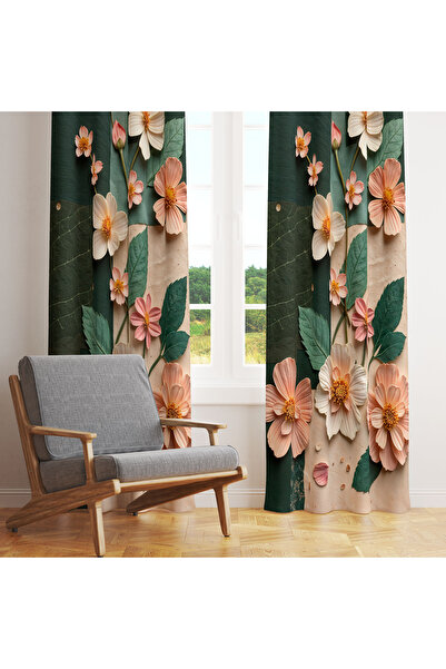 LadiesHome Yeşil & Bej Zemin Somon Çiçekli Sanatsal Floral Tek Kanat Fon Perd...