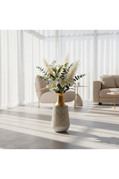 Hinora Vază metalică gri de dimensiuni mici cu detalii cu model auriu 37x18x18cm