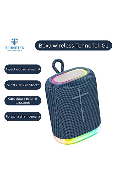TehnoTek G1 Portable Wireless Speaker, RGB LED, Bluetooth 5.3, IPX4, 6h, Blue