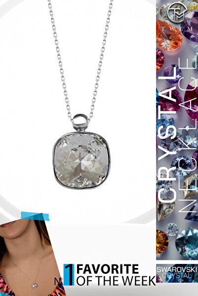 Twem Silver قلادة مربعة الشكل مرصعة بحجر الزركونيا الكريستالي من سواروفسكي | ...