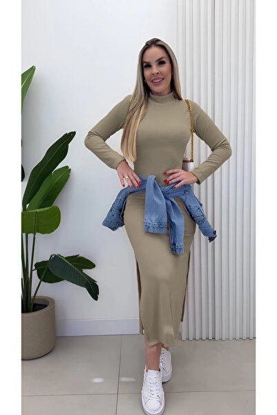 Butik Women's Long Sleeve Turtleneck Side Slit Slit Ribbed Knit Maxi Dress
